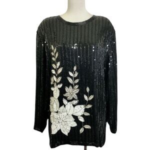 Vintage 80’s 100% Silk Fully Beaded Floral Long Sleeve Black & White Top Tunic S
